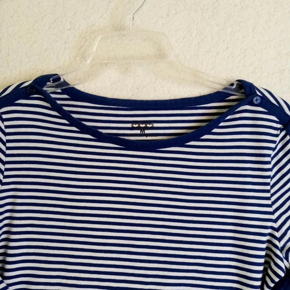 Three Hearts Medium Women's 3/4 Sleeve Top‎ CottonPoly Blue/White Striped - Picture 2 of 9
